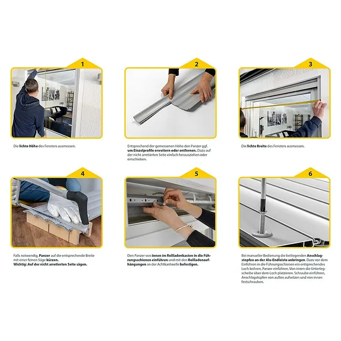 Schellenberg Rollladenpanzer MAXI - 120 x 140 cm, Weiß - Anleitung zur Rollladenmontage: Fenster ausmessen, Panzer anpassen, in Führungsschienen einführen und Anschlagstopfen befestigen.