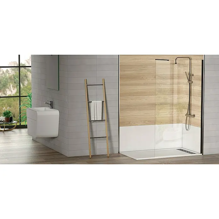 Mampara de ducha fija Antibes - An x Al: 98 x 200 cm, Negro - Un baño moderno con un elegante lavabo y una ducha a ras de suelo con paneles de madera. Escalera toallero para mayor comodidad.