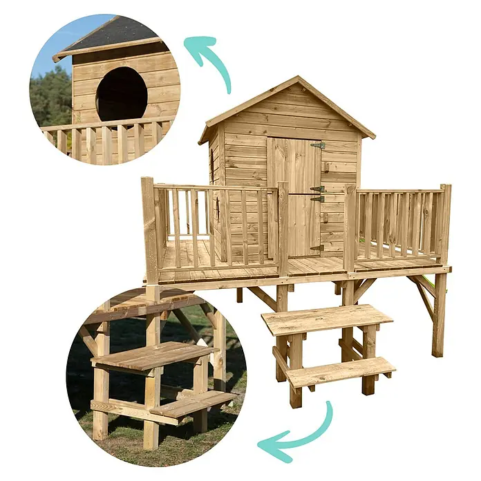 Spielhaus Mario - L x B x H: 227 x 286 x 232 cm, Holz, Natur - Holzspielhaus mit Plattform, Geländer, Leiter und integriertem Tisch. Ideal für fantasievolles Spielen im Freien.
