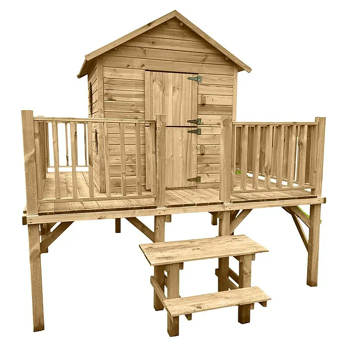 Spielhaus Mario - L x B x H: 227 x 286 x 232 cm, Holz, Natur - Ein hölzernes Spielhaus für Kinder mit einer kleinen Veranda und Treppe, perfekt für Abenteuer im Garten.