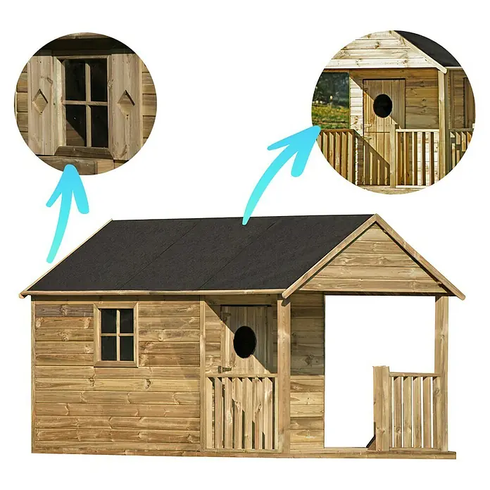 Spielhaus Florian - L x B x H: 170 x 270 x 171 cm, Holz, Natur - Holzspielhaus mit schwarzem Dach und Fensterläden.