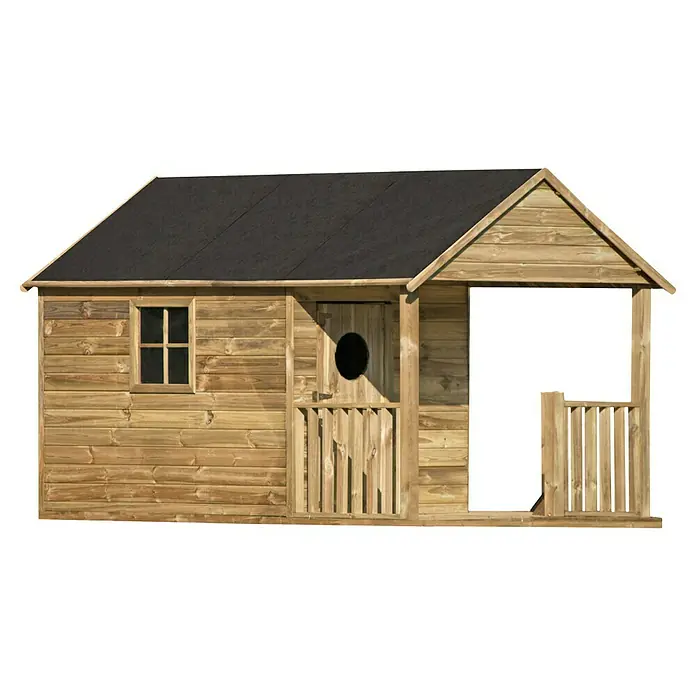 Spielhaus Florian - L x B x H: 170 x 270 x 171 cm, Holz, Natur - Das Holzspielhaus mit Fenster, Tür mit Guckloch und Veranda bietet Kindern viel Platz zum Spielen und Toben im Garten.