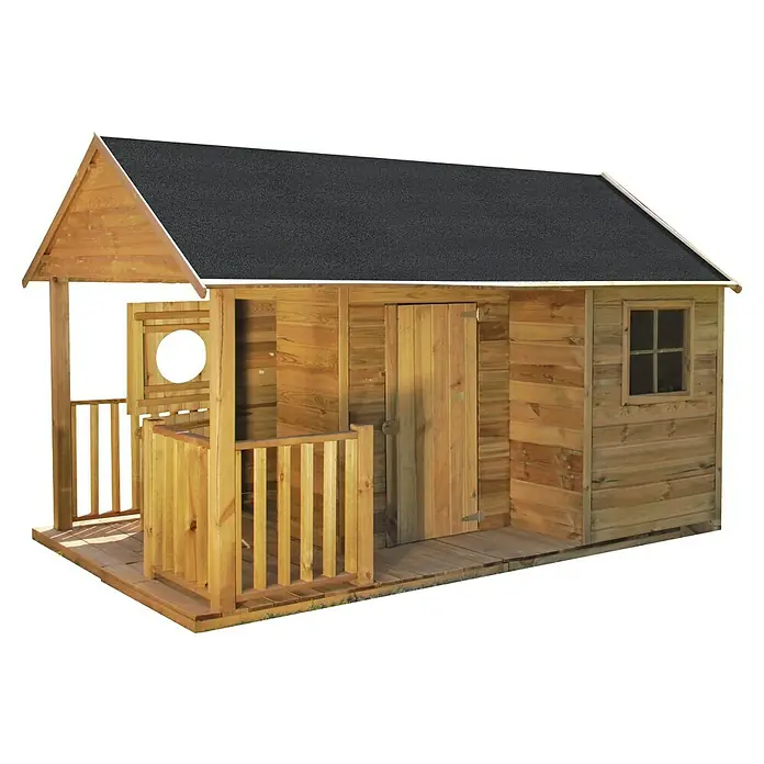 Spielhaus Florian - L x B x H: 170 x 270 x 171 cm, Holz, Natur - Ein charmantes Holzspielhaus mit Veranda, schwarzem Dach und Fenstern, perfekt für fantasievolle Spiele im Garten.