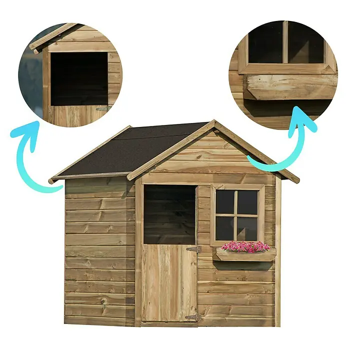 Spielhaus Matthias - L x B x H: 126 x 112 x 157 cm, Holz, Natur - Ein detailreiches Bild eines charmanten Holzspielhauses mit Fenster und Blumenkasten.