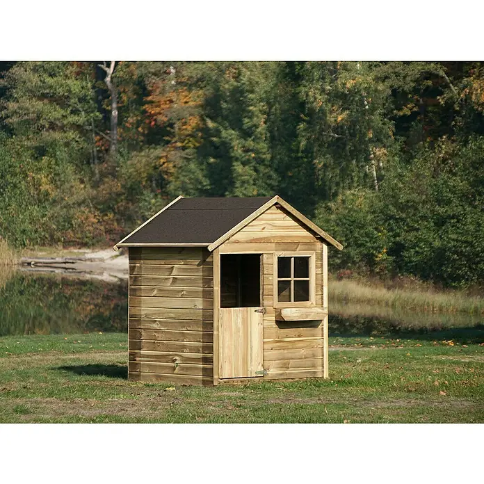 Spielhaus Matthias - L x B x H: 126 x 112 x 157 cm, Holz, Natur - Holzspielhaus mit schwarzem Dach. Das perfekte Häuschen zum Spielen und Spaß haben im Garten.