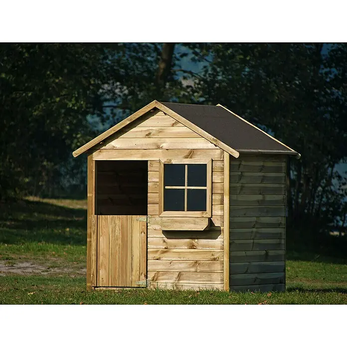 Spielhaus Matthias - L x B x H: 126 x 112 x 157 cm, Holz, Natur - Ein charmantes Holzspielhaus mit einem kleinen Fenster und einer Tür, ideal für Kinder zum Spielen und Entdecken im Garten.