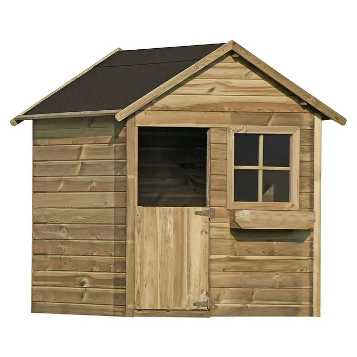 Spielhaus Matthias - L x B x H: 126 x 112 x 157 cm, Holz, Natur - Ein hölzernes Spielhaus mit Fenster, Tür und einem dunklen Dach. Ideal für Kinder zum Spielen im Garten.