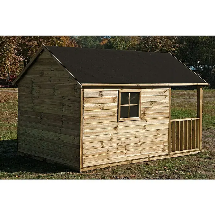 Spielhaus Florian - L x B x H: 170 x 270 x 171 cm, Holz, Natur - Holzspielhaus mit schwarzem Dach und kleinem Fenster, ideal für Kinder zum Spielen im Garten.