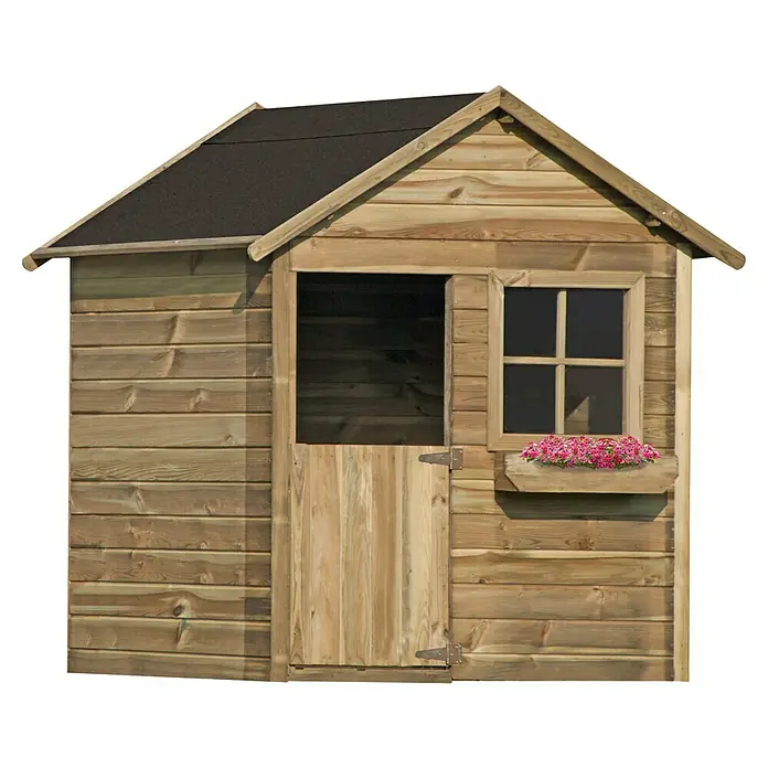 Spielhaus Matthias - L x B x H: 126 x 112 x 157 cm, Holz, Natur - Ein charmantes Spielhaus aus Holz mit Fenster, Blumenkasten und einer einladenden Tür. Ideal für kreative Spiele im Freien.