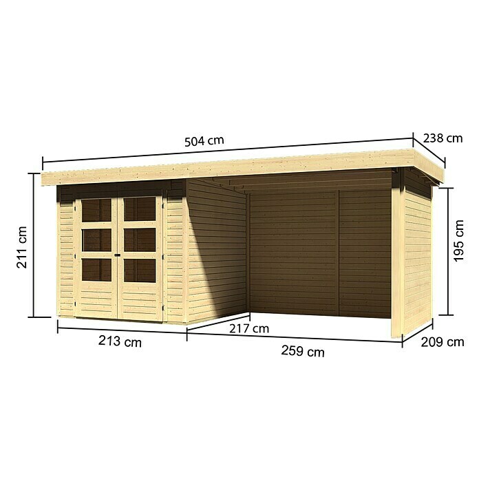 Karibu Gartenhaus AskolaL x B: 217 x 468 cm, Wandstärke: 19 mm, Flachdach, Natur, Mit Anbau, Seiten- & Rückwand Right Side View