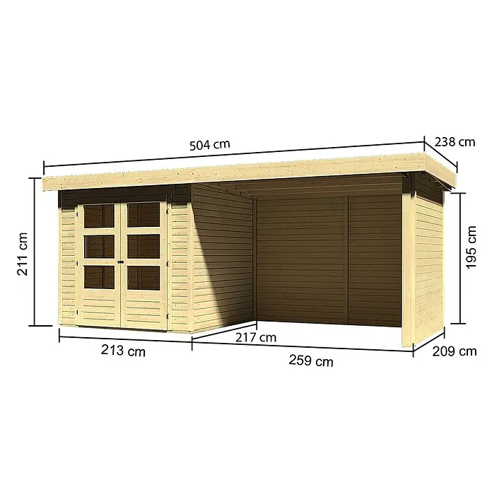 Karibu Gartenhaus Askola - Außenmaß inkl. Dachüberstand (B x T): 504,5 x 238 cm, Holz, Natur, Mit Anbau, Rück- und Seitenwand - Abbildung eines Holzgartenhauses mit genauen Maßangaben zu Höhe, Breite und Länge für einen detaillierten Überblick.