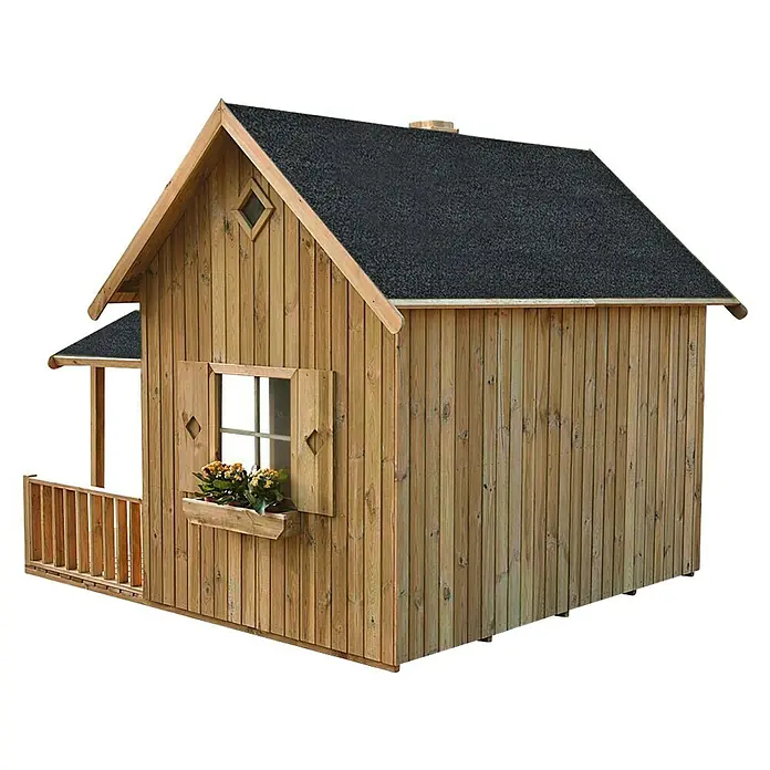 Spielhaus Maya - L x B x H: 263 x 278 x 231 cm, Holz, Natur - Bild eines Holzspielhauses mit Satteldach, Fenster mit Blumenkasten und kleiner Veranda, ideal für Kinder zum Spielen im Freien.