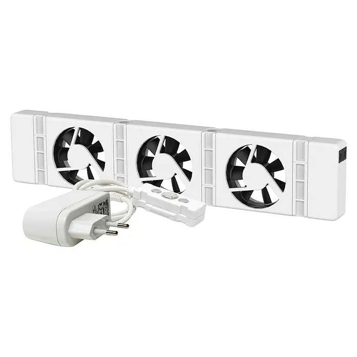SpeedComfort Heizkörperventilator Mono-Set - L x H: 34 x 2,5 cm, Weiß, 1 Stk. - Ein langes, weißes Aquarium-Kühlgebläse mit drei Lüftern, Netzteil und Kabel für eine optimale Temperaturregelung.