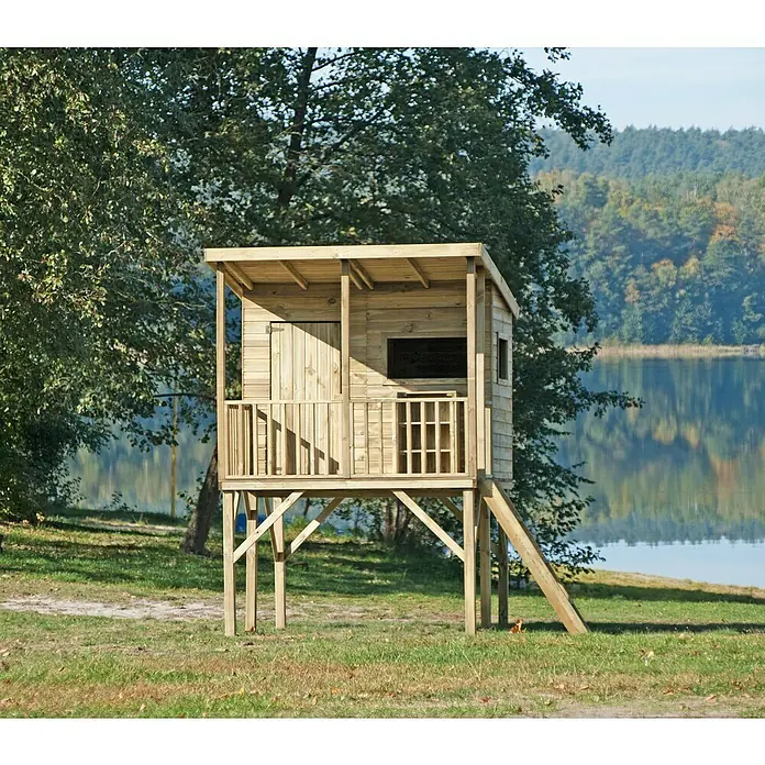 Spielhaus Robin - L x B x H: 220 x 175 x 272 cm, Holz, Natur - Holzhütte auf Stelzen am Seeufer, ideal zum Spielen und Beobachten der Natur. Die Hütte bietet einen erhöhten Ausblick mit sicherer Brüstung.
