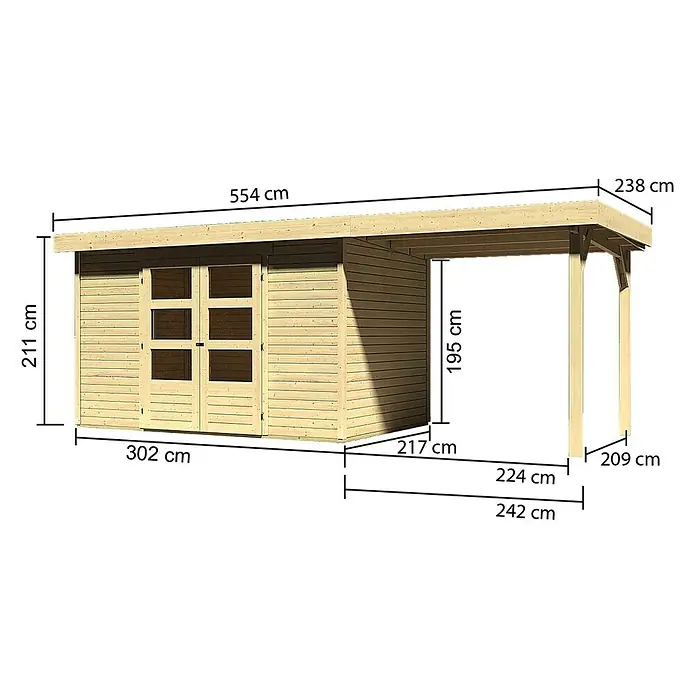 Karibu Gartenhaus Askola - Außenmaß inkl. Dachüberstand (B x T): 554 x 238 cm, Holz, Natur, Mit Anbaudach - Abbildung eines Gartenhauses mit Maßangaben zu Länge, Höhe und Breite in Zentimetern für detaillierte Bauplanung.