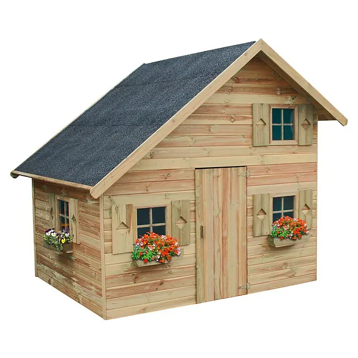 Spielhaus Aleks - L x B x H: 223 x 250 x 230 cm, Holz, Natur - Einladendes Holzspielhaus mit Dach, Fenstern mit Fensterläden und bunten Blumenkästen, perfekt für fantasievolles Spielen im Freien.