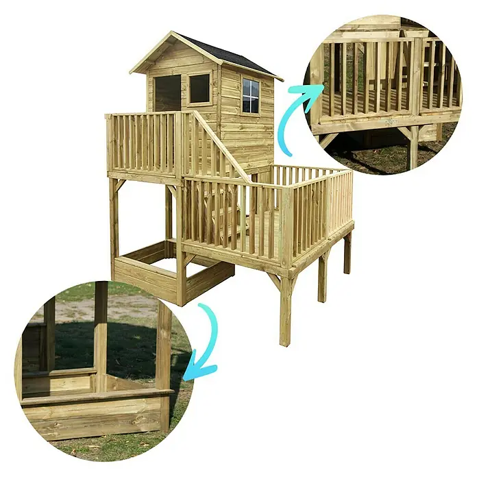Spielhaus Tom - L x B x H: 226,5 x 176 x 272 cm, Holz, Natur - Holzspielhaus mit zwei Etagen und Sandkasten unten, ideal für stundenlangen Spielspaß im Garten.