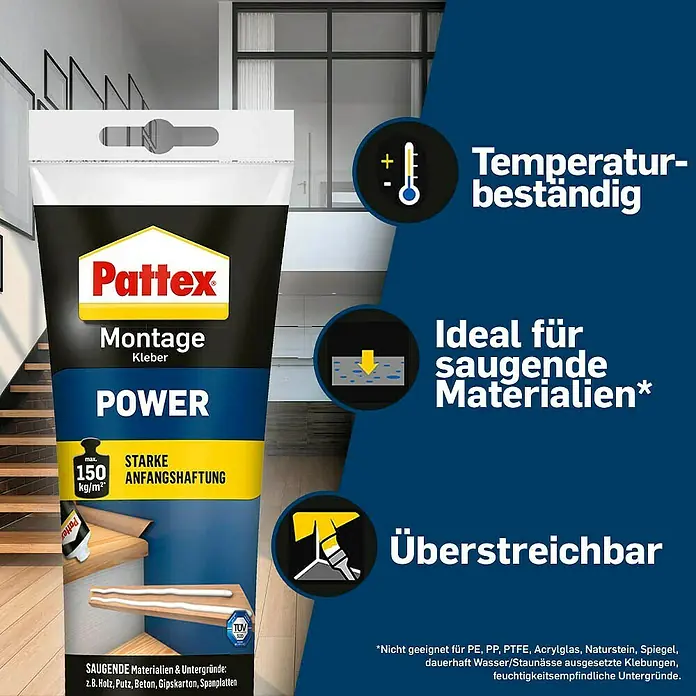Pattex Montagekleber Power - 250 g, Tube - Pattex Montage Kleber Power, ein starker Montagekleber für saugende Materialien, temperaturbeständig und überstreichbar.