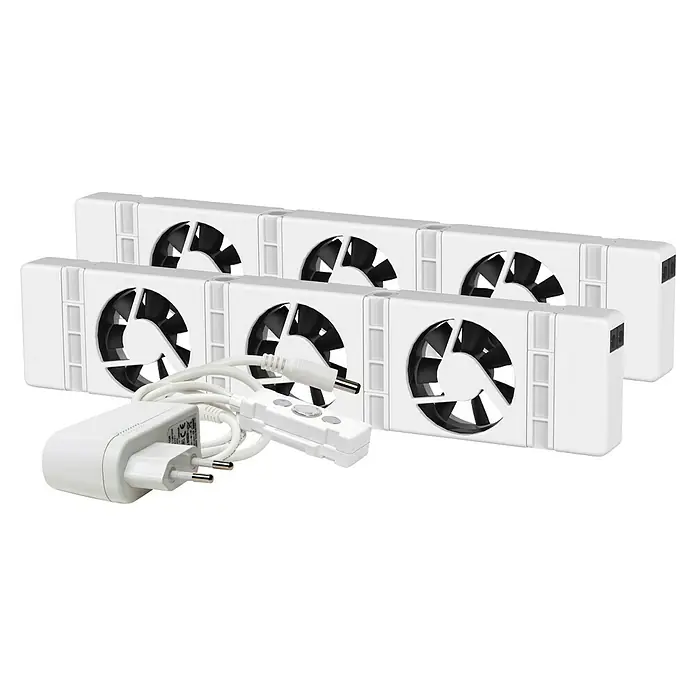 SpeedComfort Heizkörperventilator Duo-Set - L x H: 34 x 2,5 cm, Weiß, 2 Stk. - Aquarium-Kühlventilator-System mit mehreren Ventilatoren, Netzteil und Steuerung zur Temperaturregulierung in Aquarien.