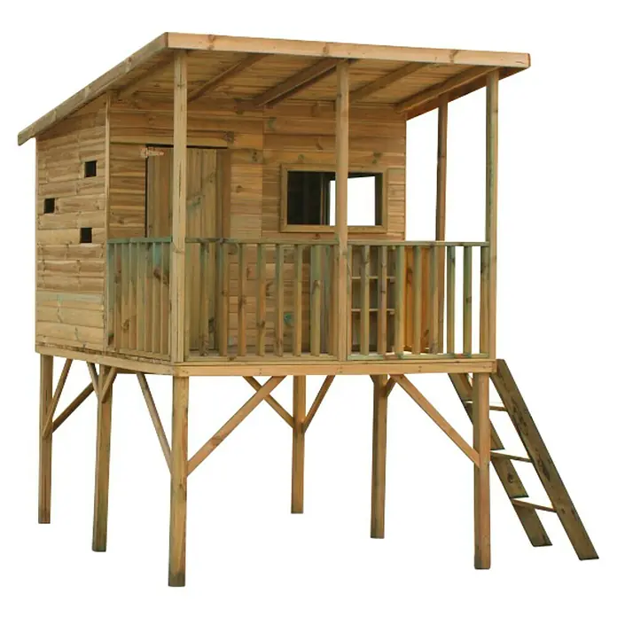 Spielhaus Robin - L x B x H: 220 x 175 x 272 cm, Holz, Natur - Ein detailreiches Bild eines erhöhten Holzspielhauses mit Leiter und überdachter Veranda.