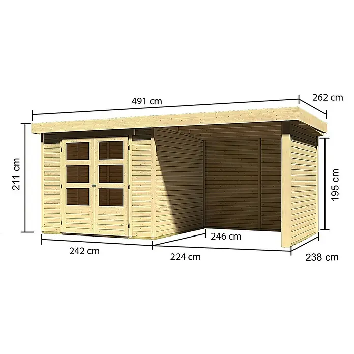 Karibu Gartenhaus Askola 3,5 - Außenmaß inkl. Dachüberstand (B x T): 491 x 262 cm, Holz, Natur, Mit Seitendach, Rück- und Seitenwand - Abbildung eines Holzgartenhauses mit Maßangaben zu Länge, Breite und Höhe. Das Gartenhaus hat eine Doppeltür.