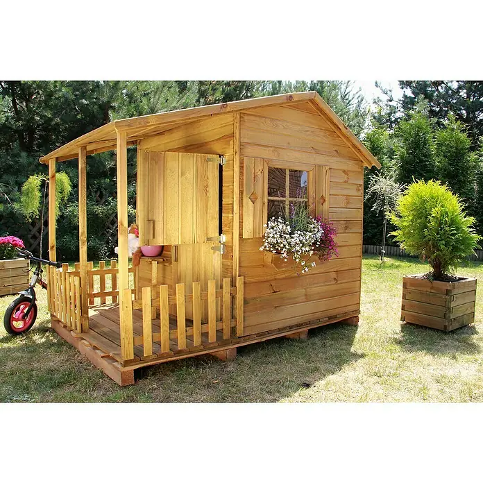 Spielhaus Mia - L x B x H: 190,5 x 143 x 159 cm, Holz, Natur - Das Holzspielhaus mit Blumenkasten und kleinem Zaun bietet Kindern einen gemütlichen Ort zum Spielen im Freien.