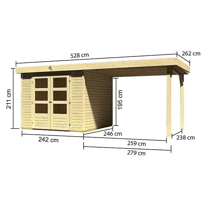 Karibu Gartenhaus Askola - Außenmaß inkl. Dachüberstand (B x T): 528,5 x 262 cm, Holz, Natur, Mit Anbaudach - Ansicht des Holzschuppens mit genauen Maßangaben, die seine Abmessungen und räumlichen Eigenschaften hervorheben.