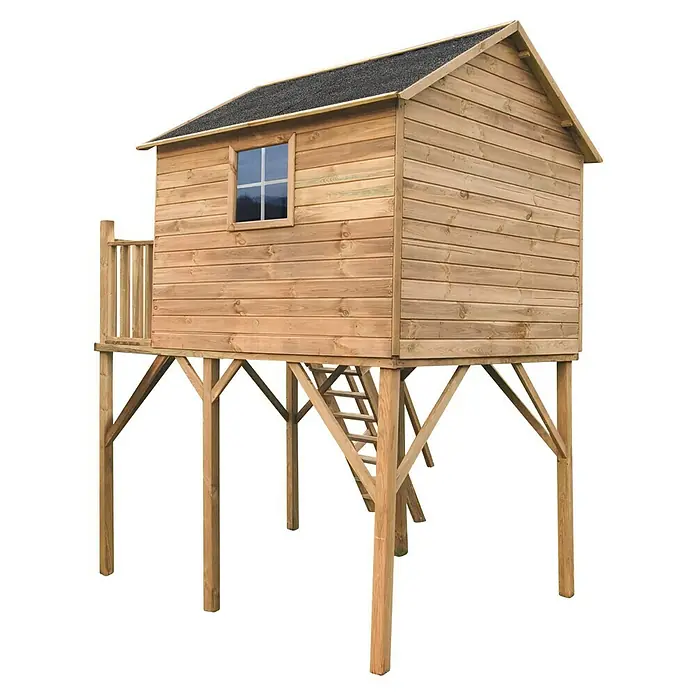 Spielhaus Jeremy Max - L x B x H: 269 x 220 x 315 cm, Holz, Natur - Ein hölzernes Baumhaus auf Stelzen mit Leiter, ideal für Kinder zum Spielen und Entdecken im Garten.