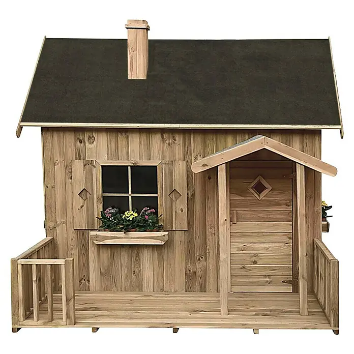 Spielhaus Maya - L x B x H: 263 x 278 x 231 cm, Holz, Natur - Dieses charmante Holzspielhaus mit Veranda, Fensterblumenkasten und Schornstein ist der perfekte Ort für fantasievolles Spielen im Freien.
