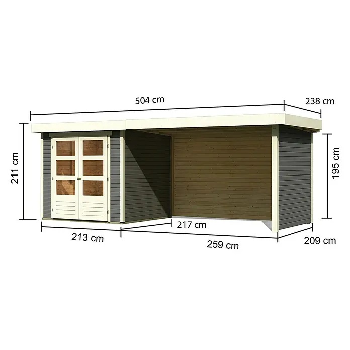 Karibu Gartenhaus Askola 2 - Außenmaß inkl. Dachüberstand (B x T): 504,5 x 238 cm, Holz, Terragrau, Mit Anbaudach, Seiten- und Rückwand - Ansicht eines Gartenhauses mit den Abmessungen 504 x 238 cm, einer Höhe von 211 cm und einer Breite von 213 cm.