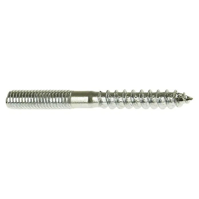 Suki Perno de doble rosca - Largo: 100 mm, M 10, Zincado, 4 ud. - Primer plano de un tornillo para madera plateado con roscas afiladas y punta sobre un fondo negro.