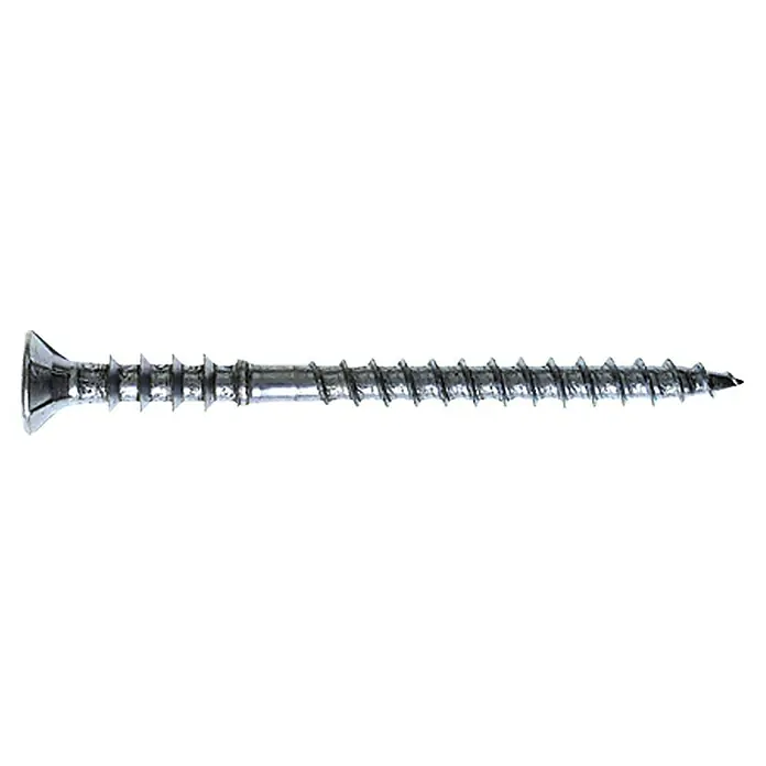 Profi Depot Tornillo tirafondo VZ - 4,5 x 50 mm, 100 ud., Zincado, TX para accionamientos TORX - Primer plano de un solo tornillo para madera de color plateado con hilo robusto.