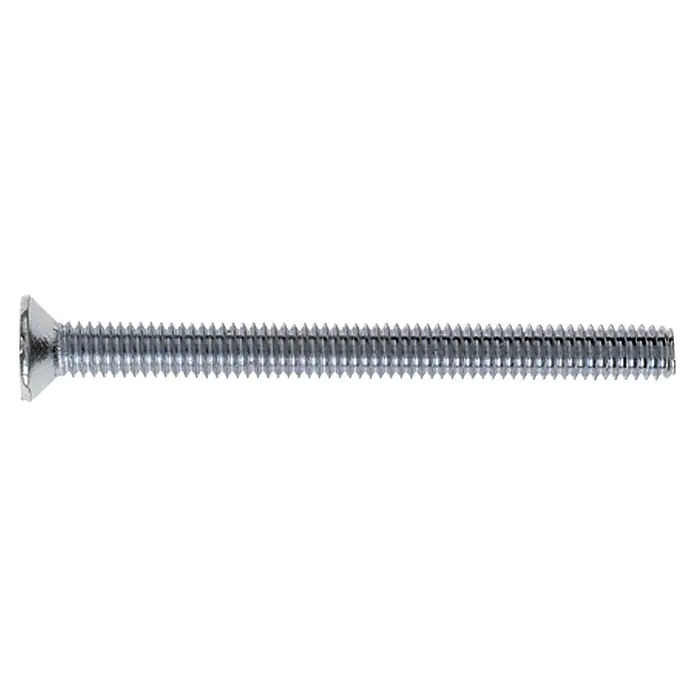 Profi Depot Gewindeschraube VZ - Länge: 16 mm, M 3, Verzinkt, 100 Stk. - Nahaufnahme einer glänzenden Holzschraube mit flachem Kopf und durchgehendem Gewinde auf schwarzem Hintergrund.