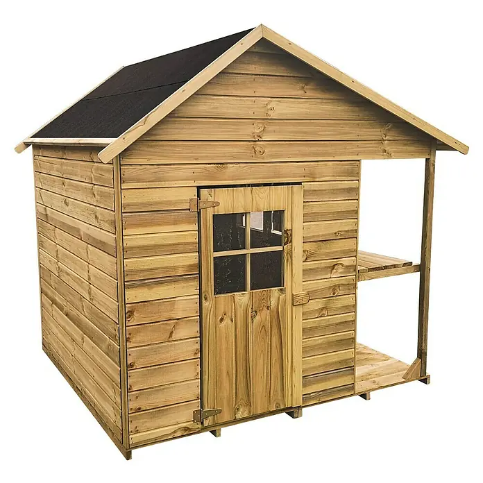 Spielhaus Lea - L x B x H: 166 x 160 x 174 cm, Holz, Natur - Ein charmantes Holzspielhaus mit Tür, Fenster und Veranda, ideal für fantasievolle Spiele im Freien.