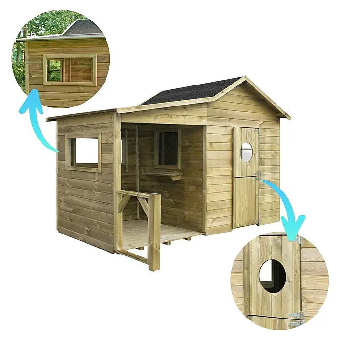 Spielhaus Elisa - L x B x H: 240 x 125 x 173 cm, Holz, Natur - Bild eines hölzernen Kinderspielhauses mit Veranda, Fenster und Tür mit runder Öffnung. Ideal zum Spielen im Freien.