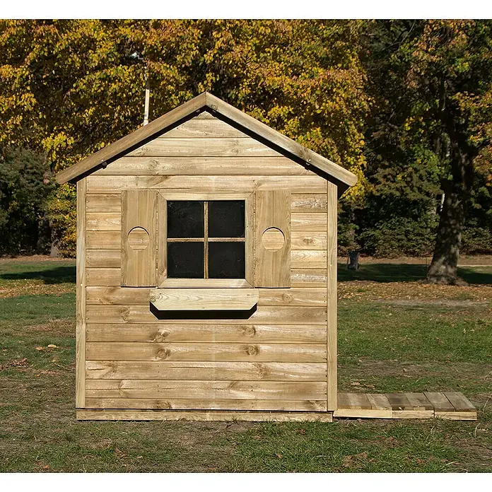 Spielhaus Lennard - L x B x H: 161 x 127 x 158 cm, Holz, Natur - Ein charmantes Holzspielhaus mit Fensterläden und einer kleinen Veranda. Perfekt für fantasievolles Spielen im Garten.