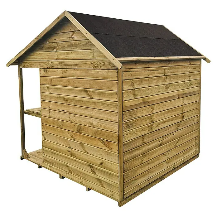 Spielhaus Lea - L x B x H: 166 x 160 x 174 cm, Holz, Natur - Ein hölzernes Spielhaus mit einem schwarzen Dach, das für Kinder zum Spielen und Spaßhaben im Garten konzipiert ist.