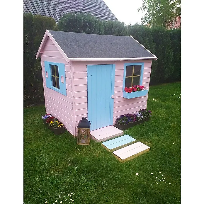 Spielhaus Lennard - L x B x H: 161 x 127 x 158 cm, Holz, Natur - Farbenfrohes Spielhaus aus Holz, gestrichen in Rosa und Blau, mit Blumenkästen und einer kleinen Treppe im Garten.