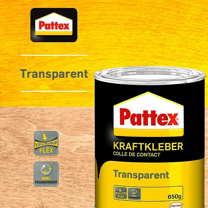 Pattex Kraftkleber Transparent - 650 g, Dose - Produktbild von Pattex Transparent Kraftkleber, einem transparenten Kontaktkleber, der Flexibilität und Transparenz beim Trocknen bietet.