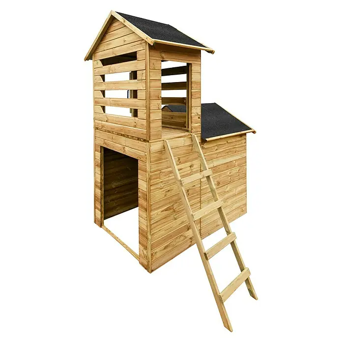Spielhaus - L x B x H: 166 x 118 x 248 cm, Holz, Natur, Blau - Holzspielhaus mit Leiter für den Garten. Das Spielhaus ist zweistöckig und bietet viel Platz zum Spielen im Freien.