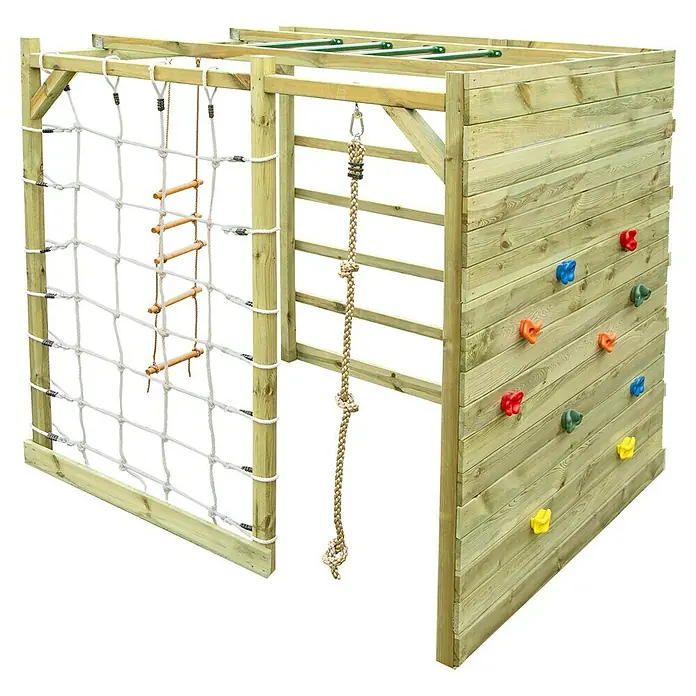 Kinderspielturm Kubisch Zeta - L x B x H: 225 x 185 x 210 cm - Spielturm aus Holz mit Kletternetz, Strickleiter, Kletterwand mit farbigen Griffen und Reckstangen für Kinder zum Spielen im Garten.