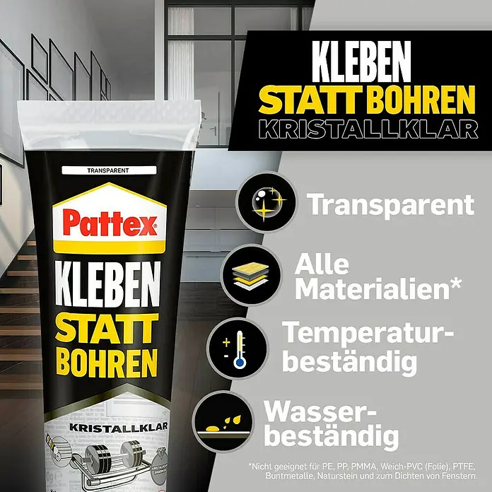 Pattex Kleben statt Bohren Montagekleber Kristallklar - 90 g, Tube, Lösemittelfrei - Produktabbildung: Pattex Kleben statt Bohren, ein kristallklarer, transparenter Montagekleber für vielfältige Materialien, temperatur- und wasserbeständig.