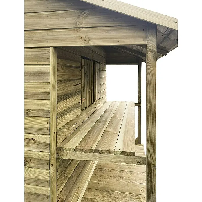Spielhaus Lea - L x B x H: 166 x 160 x 174 cm, Holz, Natur - Nahaufnahme eines Holzspielhauses mit Theke und Fensterläden, das zum Spielen und für fantasievolle Abenteuer im Garten einlädt.