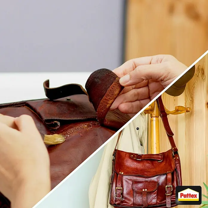 Pattex Kraftkleber Transparent - 650 g, Dose - Eine beschädigte Ledertasche wird mit Pattex-Kleber repariert, daneben eine restaurierte Tasche.