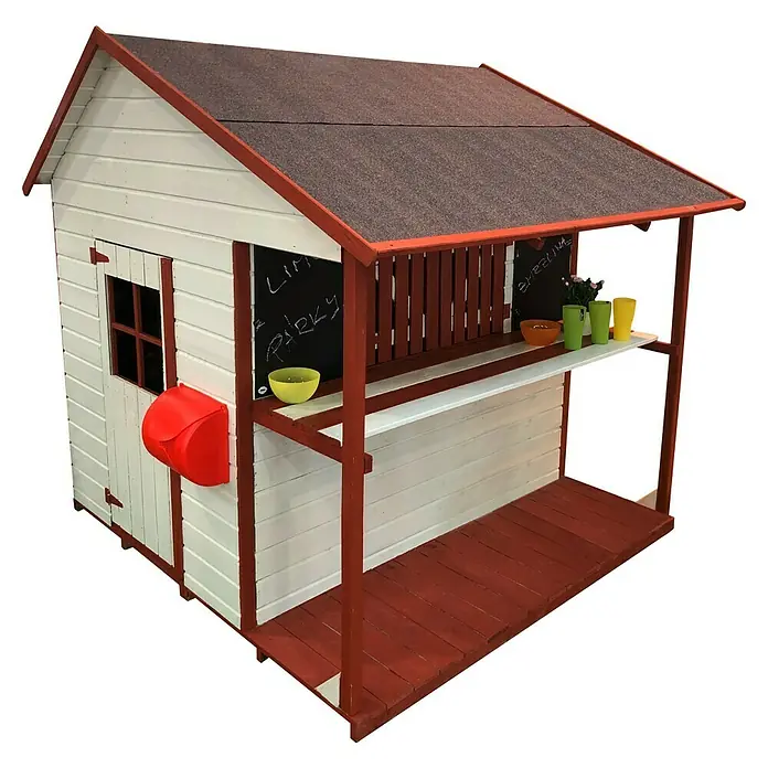 Spielhaus Lea - L x B x H: 166 x 160 x 174 cm, Holz, Natur - Ein charmantes, rot-weißes Spielhaus mit Verkaufstheke, ideal für fantasievolles Spielen im Freien. Perfekt für kleine Händler und kreative Köpfe.