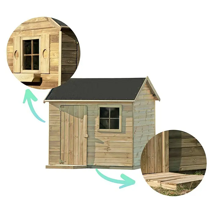 Spielhaus Lennard - L x B x H: 161 x 127 x 158 cm, Holz, Natur - Bild eines Holzspielhauses mit Tür und Fenster, ideal für Kinder zum Spielen im Garten.