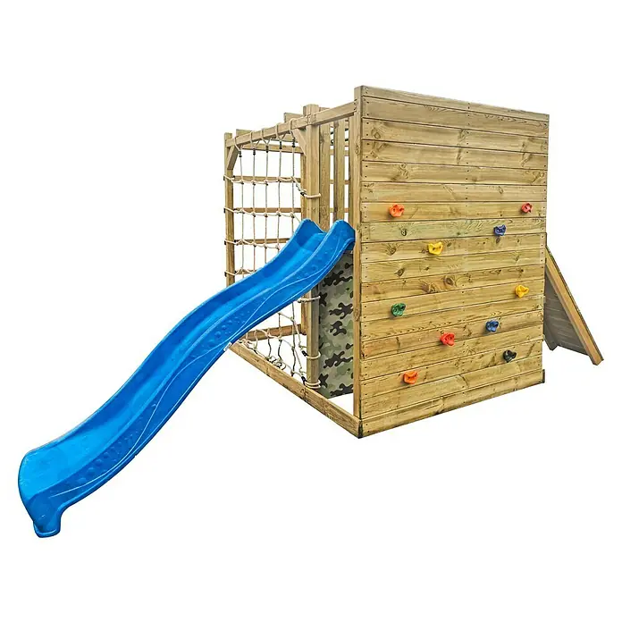 Kinderspielturm Kubisch Alfa - L x B x H: 447 x 225 x 210 cm, Natur - Holzspielturm mit Rutsche, Kletterwand und Kletternetz für Kinder zum Austoben im Garten.