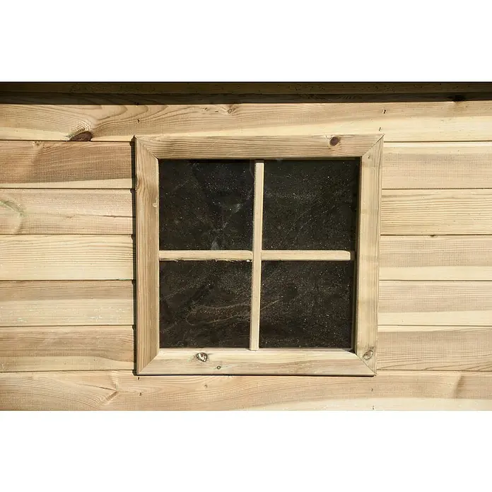 Spielhaus Leonie - L x B x H: 250 x 141 x 165 cm, Holz, Natur - Nahaufnahme eines Holzfensters mit Sprossen in einer Holzwand. Das Fenster ist quadratisch und die Wand besteht aus horizontalen Brettern.