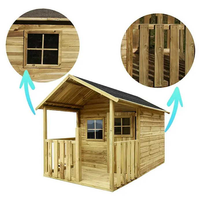 Spielhaus Leonie - L x B x H: 250 x 141 x 165 cm, Holz, Natur - Bild eines Holzspielhauses für Kinder mit Fenstern und Geländer. Ideal für den Garten.