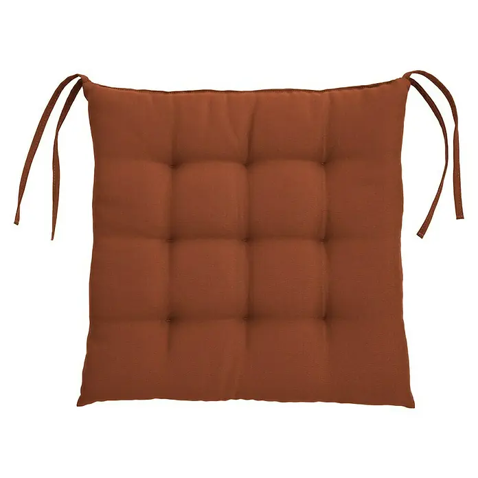 Sunfun Sitzkissen Nils - L x B x H: 40 x 40 x 4 cm, Terracotta, 100% Polyester - Nahaufnahme eines quadratischen, gesteppten Sitzkissens in einem warmen Braunton mit praktischen Bindebändern.